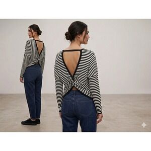 Polly‎ & Esther Twist Back Top Women Medium Black White Striped Ribbed PK18726